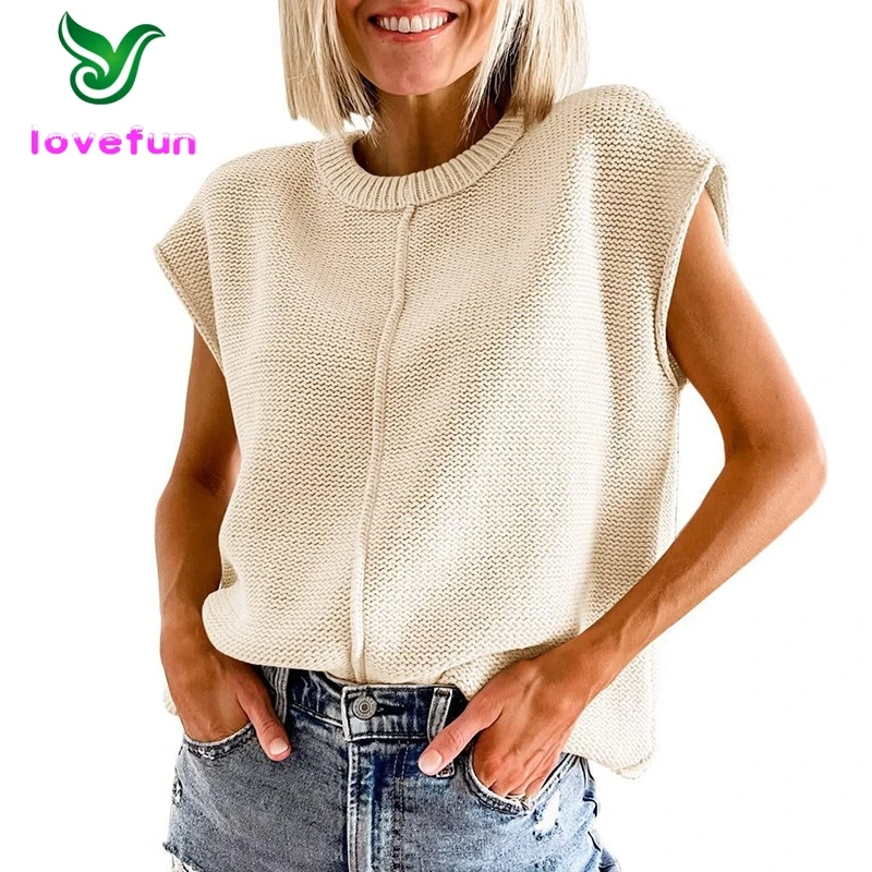 Fall Solid Color High Quality Crew Neck Cap Sleeve Knitted Pullover Sweater For Women