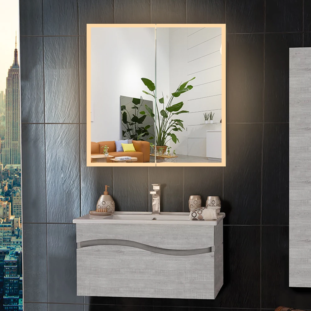 Lamxon modern luxury aluminum bathroom cabinets glass door vanity mirror with LED cabinet