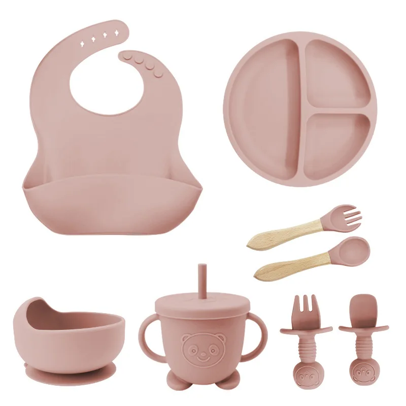 Wholesale Custom Bpa Free Kid Other Tableware Silicone Bowl Suction Snacks Cup Straw Plate Bibs Products Baby Feeding Set