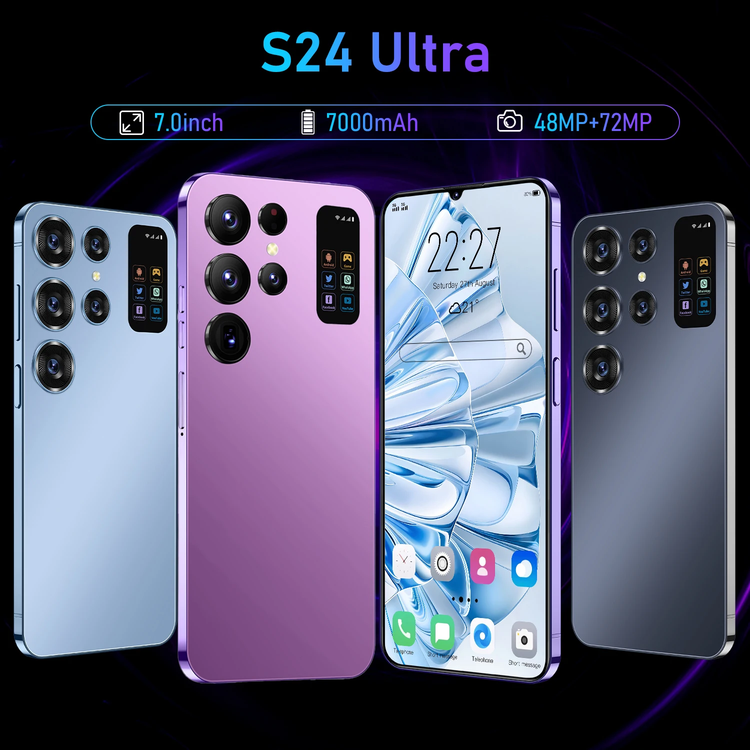 Оригинальный сотовый телефон S24 ультра 16 ГБ + 512 смартфон 7 дюймов разблокированный двойной карты 5G телефоны Android 13 0 мобильные