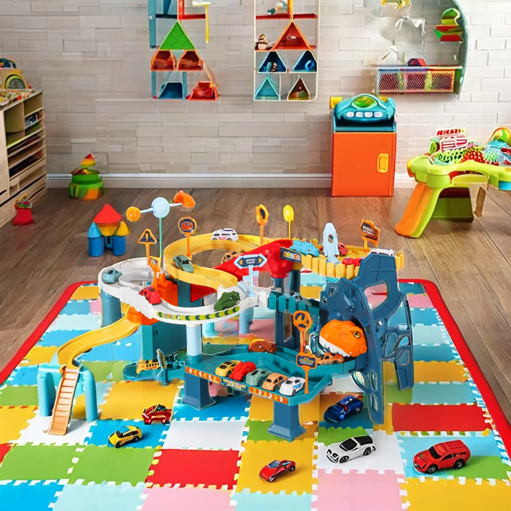 Hot selling dinosaur winding mountain road rail car children car adventure multi-storey car park children toys