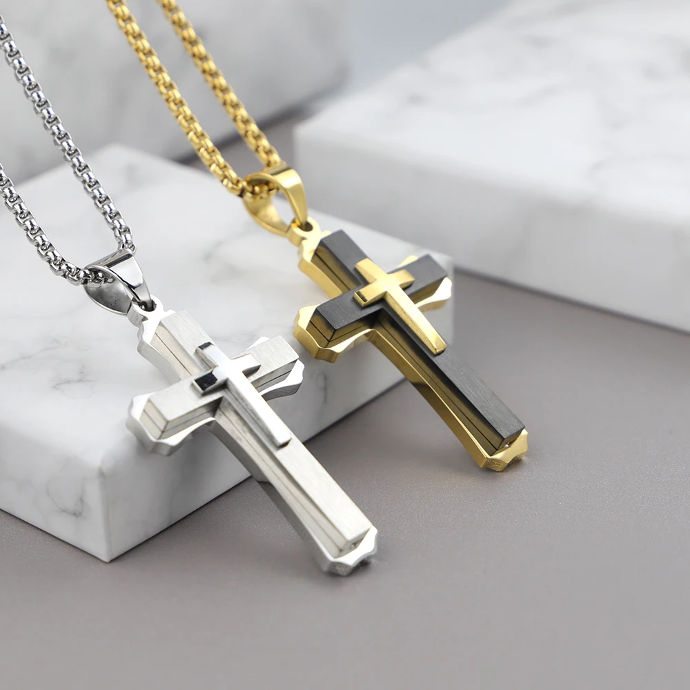 Popular Jesus Cross Pendant Necklace Personalized Christian Jewelry 18k Gold Plated Stainless Steel Necklace for Mens Graduation
