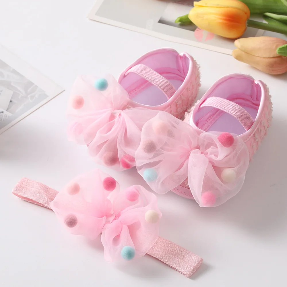  Summer Baby Cute Shose Girl Bowknot Princess Toddler Soft Sole Walking Shoes Headband