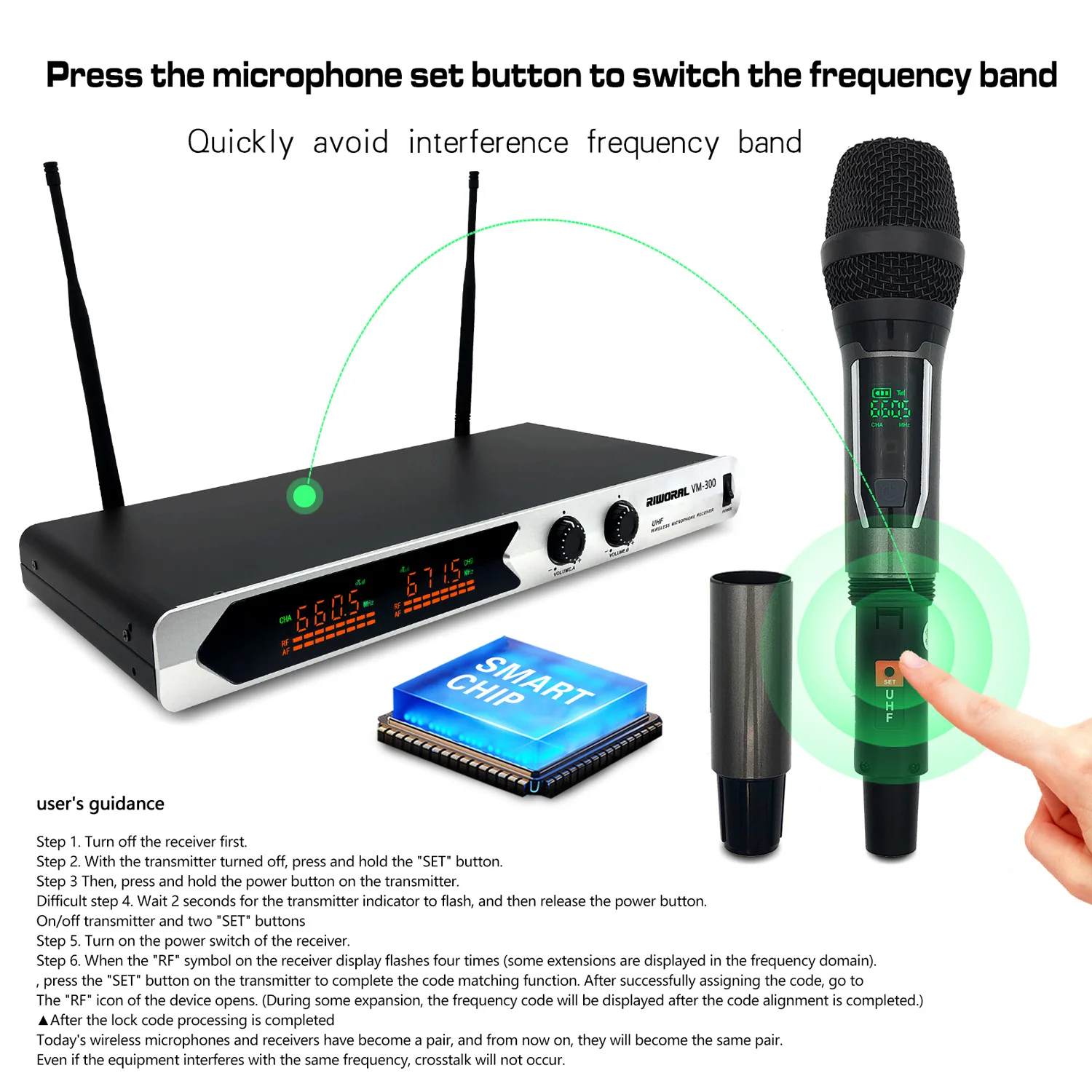 VM300 professional 1to 2 portable cordless microphone professional uhf wireless for stage