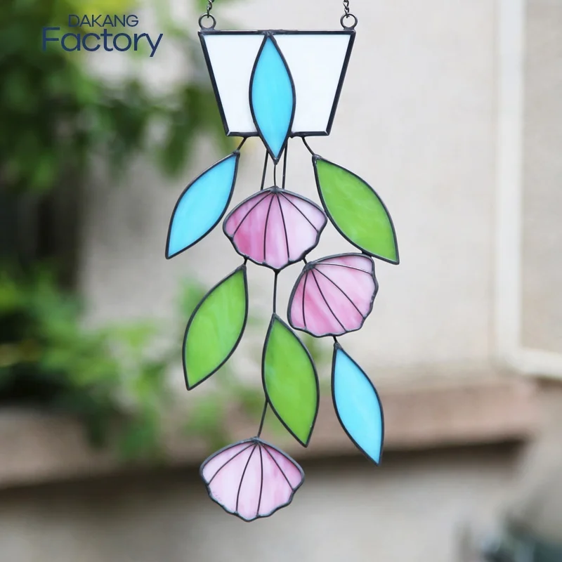 Hang Metal decorative Objects Plant Flower Stained Glass Suncatcher Glass Ornament Wall Art For Home Decoration