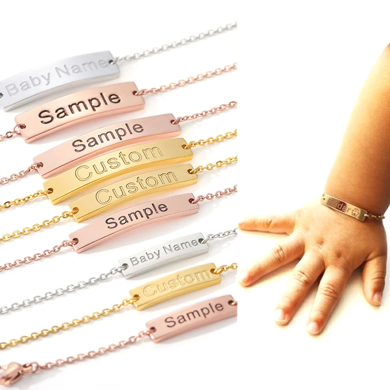 Custom Coordinates Bracelets Engraved Stainless Steel Link Chain Baby Name Bar Bracelet Personalized Jewelry