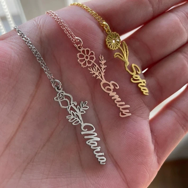 2021 New Custom Name Necklace Dainty Personalized Minimalist Jewelry PVD Plated Birthflower Nameplate Necklace For Women Gifts