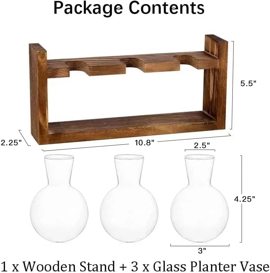 Hot Sale  Wood Plant Holder Glass Plant Bulb Vase with Retro Solid Wooden Stand for Hydroponics Plants Home Garden Wedding Decor