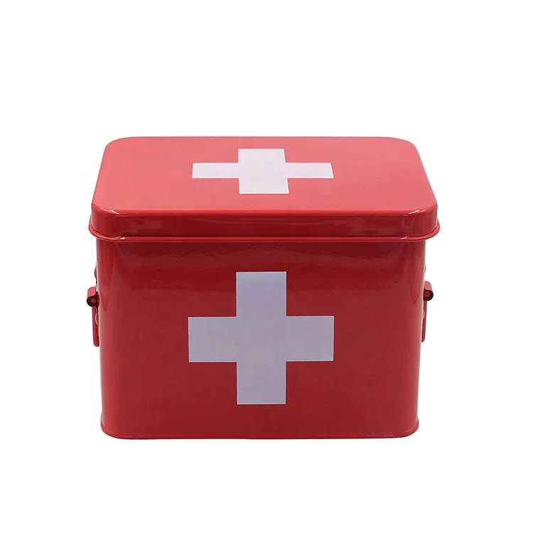 Red Galvanized Metal First Aid Storage Box Metal Medicine Storage Tin Box First Aid Kit Supplies Bin Metal Medicine Storage Tin