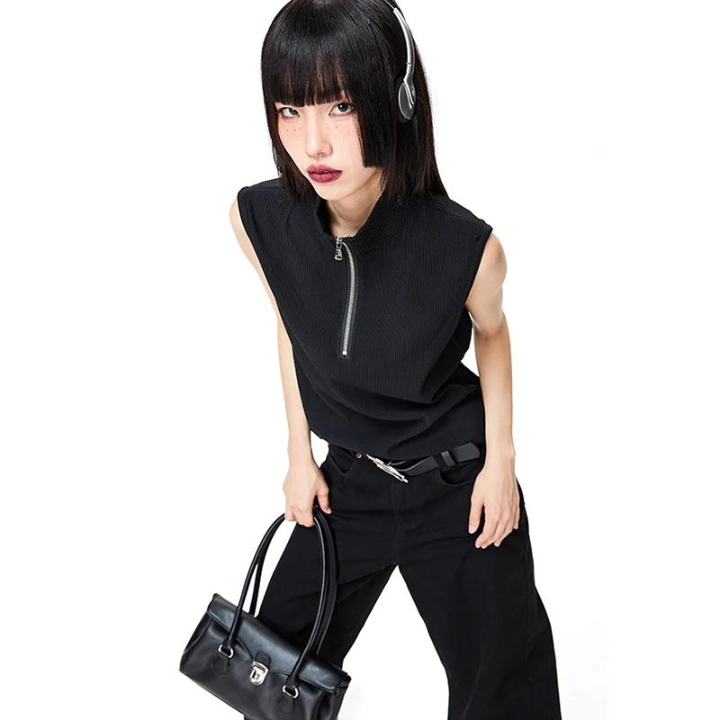 customized Your logo High Quality designer fashion front Zipper  Cotton Top Ribbed Knit Womens black Sleeveless vest