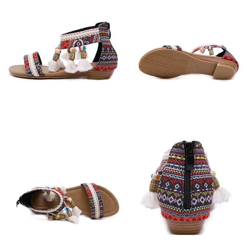 
Women Fashion Rome Bohemia Rhinestone Soft Sole Open Toe Flat Sandals Comfy Summer Shoes Plus Size 