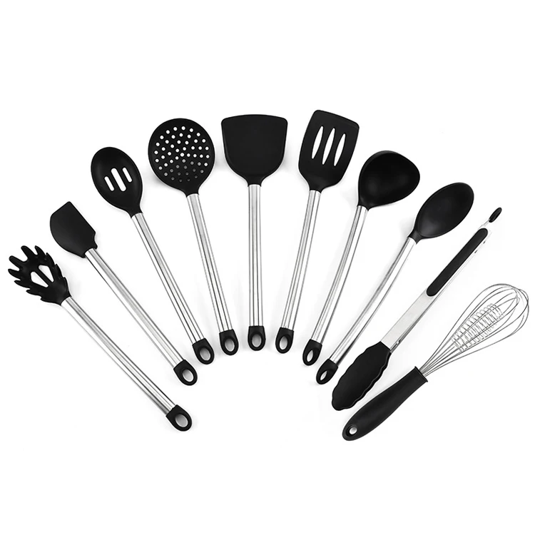 10-Piece Black Kitchen Gadget Set with Silicone Spatula and Stainless Steel Utensils Steel Handle Holders for Christmas
