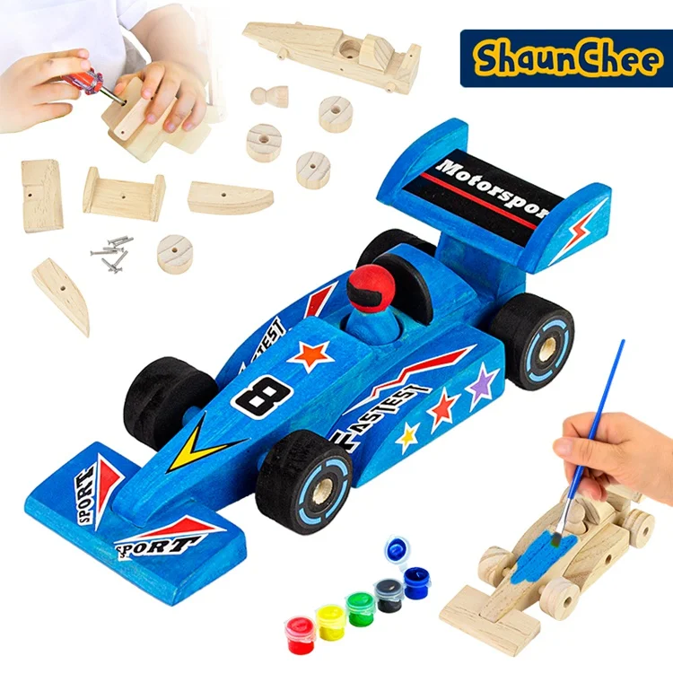 Wooden diy kids build painting toy F1 Racing Car