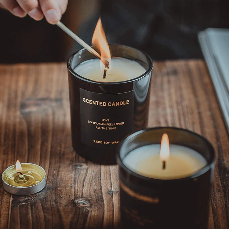 Premium  Black Glass Candle Jar with Bamboo Lid Luxury Home Decor Cylinder Cover Metal Mug and Empty Wax Box for Christmas