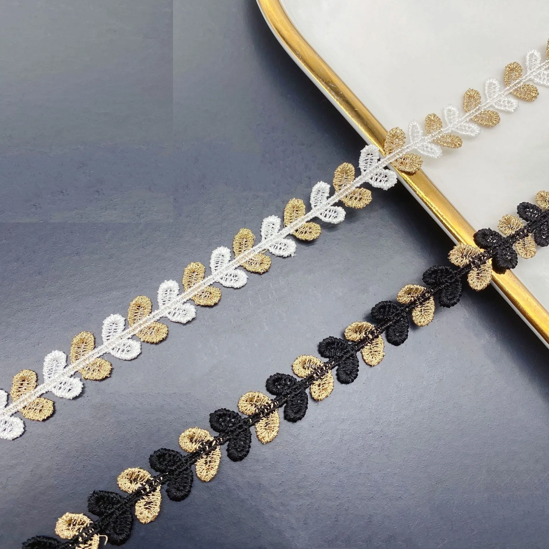 High end two color leaf gold thread chemical border crochet alencon galloon clavicle chain lolita embroidery dentelle lace trim