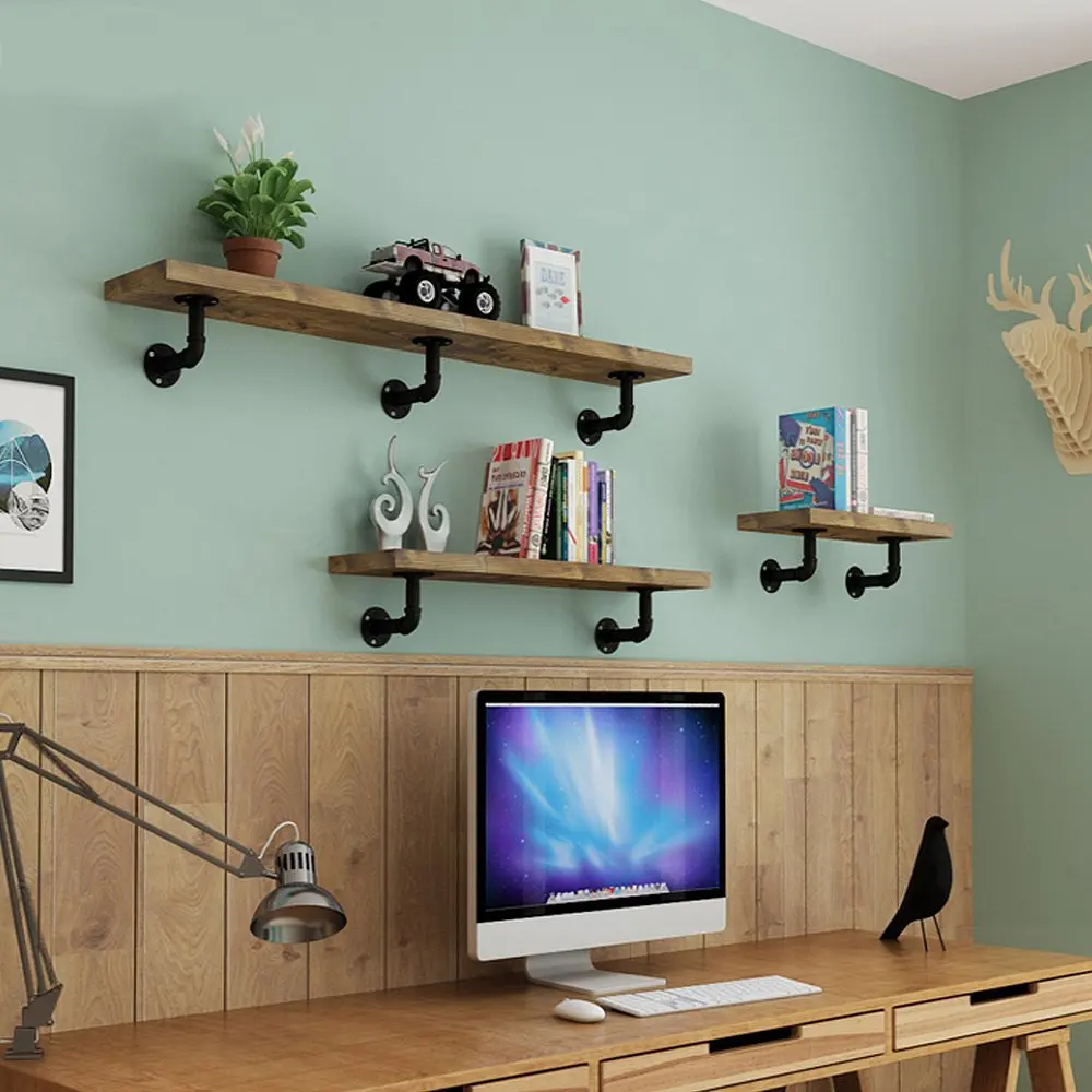 Industrial Black Iron Pipe Shelf Bracket Wall Mounted Floating Shelf Hanging Wall Hardware Steampunk Decor for Custom Shelf