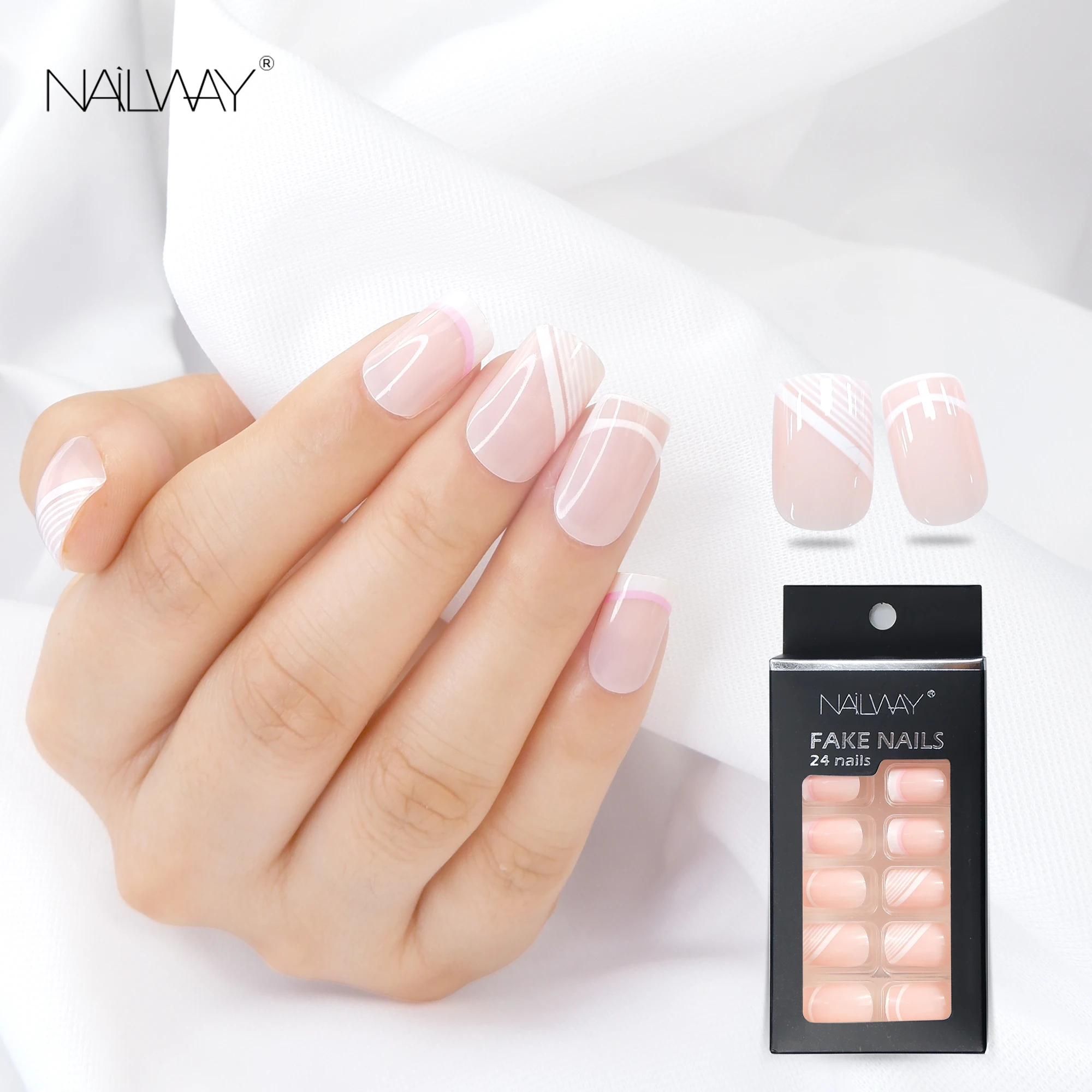 Nailway High Quality  Wholesale Short Square China Fake Nail French Nails Custom Design Press On Nails