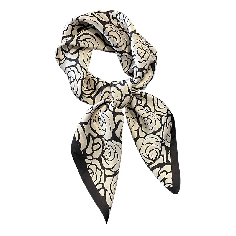 Ladies luxury designer black and white camellia flower silk square neck tie scarf 70*70cm office women short small hair scarf