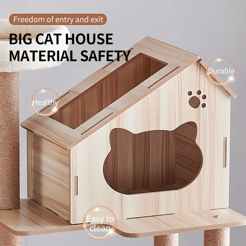 Medium-sized indoor wooden cat condo spire cat house, platform, sisal scratching post with cat litter box luxury cat tower tree