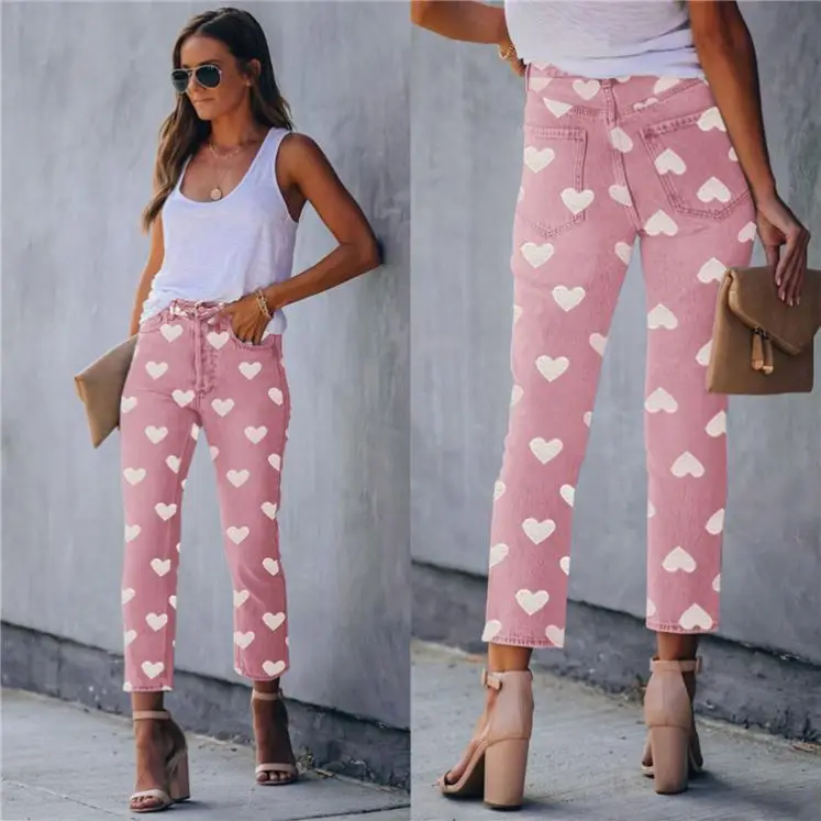 
Fondpink Best Design Trendy Cute Denim Pants Summer Casual Straight Heart Printed Pink Women Trouser Jeans Fondpink Best Design Trendy Cute Denim Pants Summer Casual Straight Heart Printed Pink Women Trouser Jeans