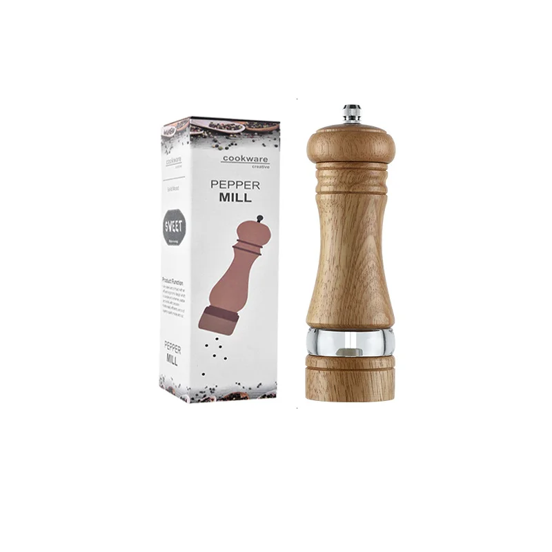 6inch Manual Kitchen Sauce Bottle Rubber Wood Seasoning Grinding Bottle Acrylic Wooden Pepper Grinder
