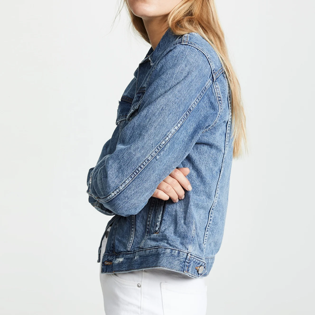 Custom factory plain jean jackets women basic denim jacket classic blue crop denim jacket