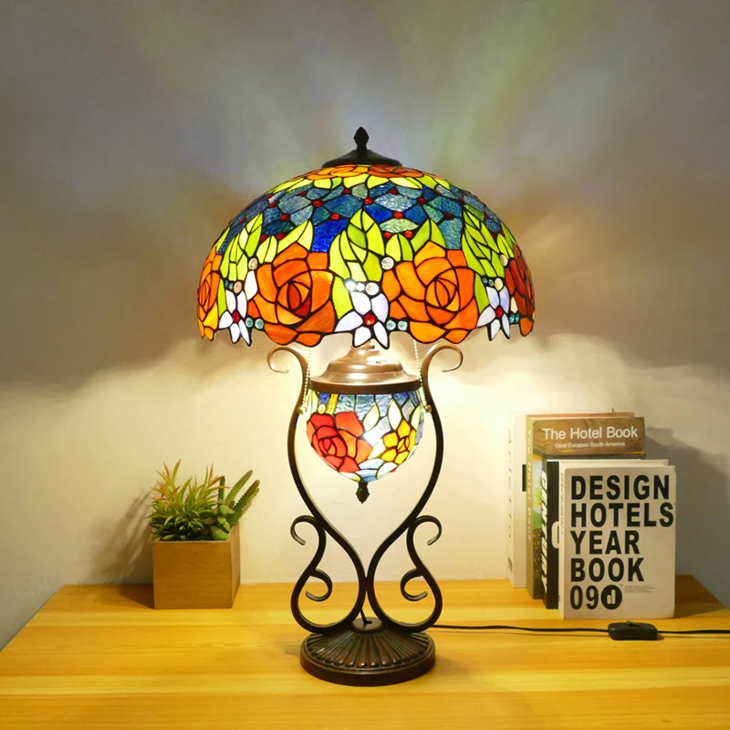 Tiffany Table Lamp American Retro Living Room Bedroom Lamp Luxurious Villa Hotel  Stained Glass Desk Lamp