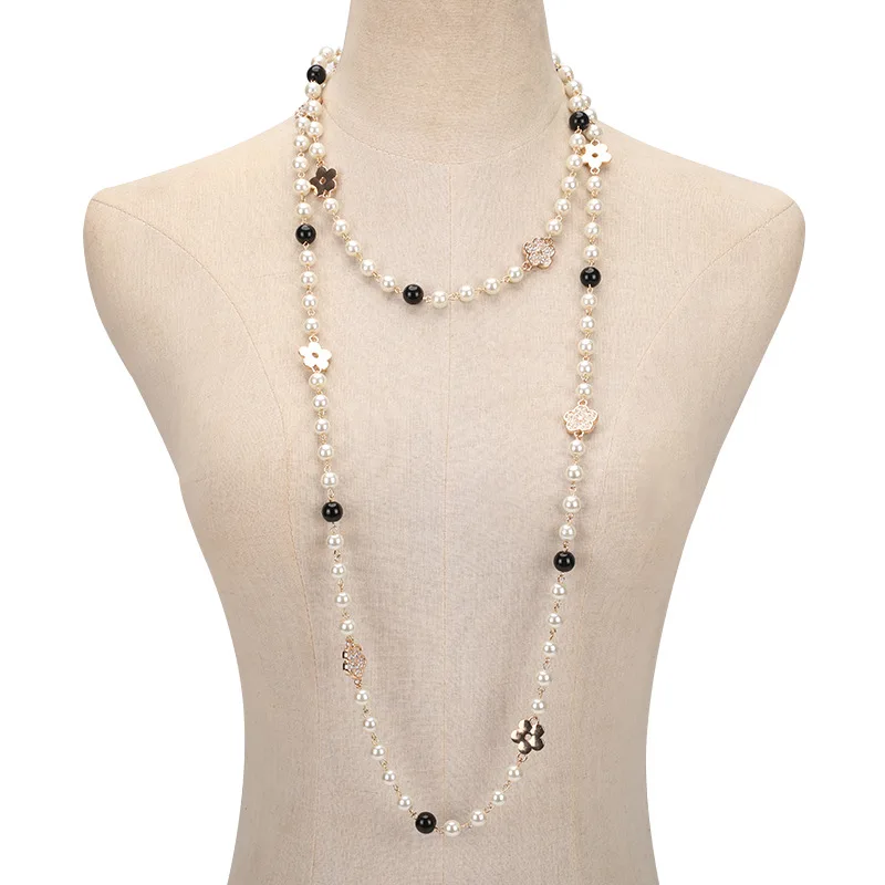 New Arrivals Fashion Pearl Camellia Necklace Handmade Double Layered Long Sweater Chain Women Wedding Fine Jewelry Accessories