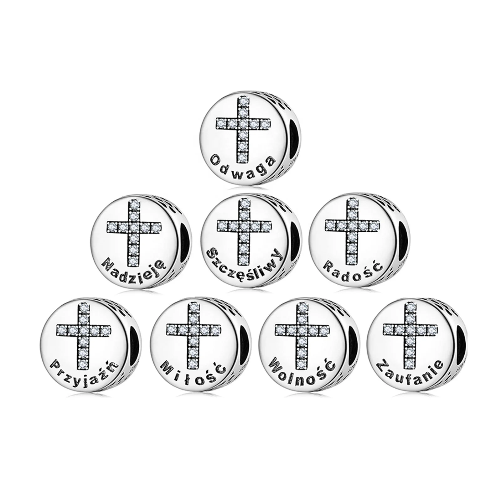 Real 925 sterling silver Hope metal Beads Virtues of the Bible Cross CZ Charms for Bracelets jewelry making for Gift Party Daily