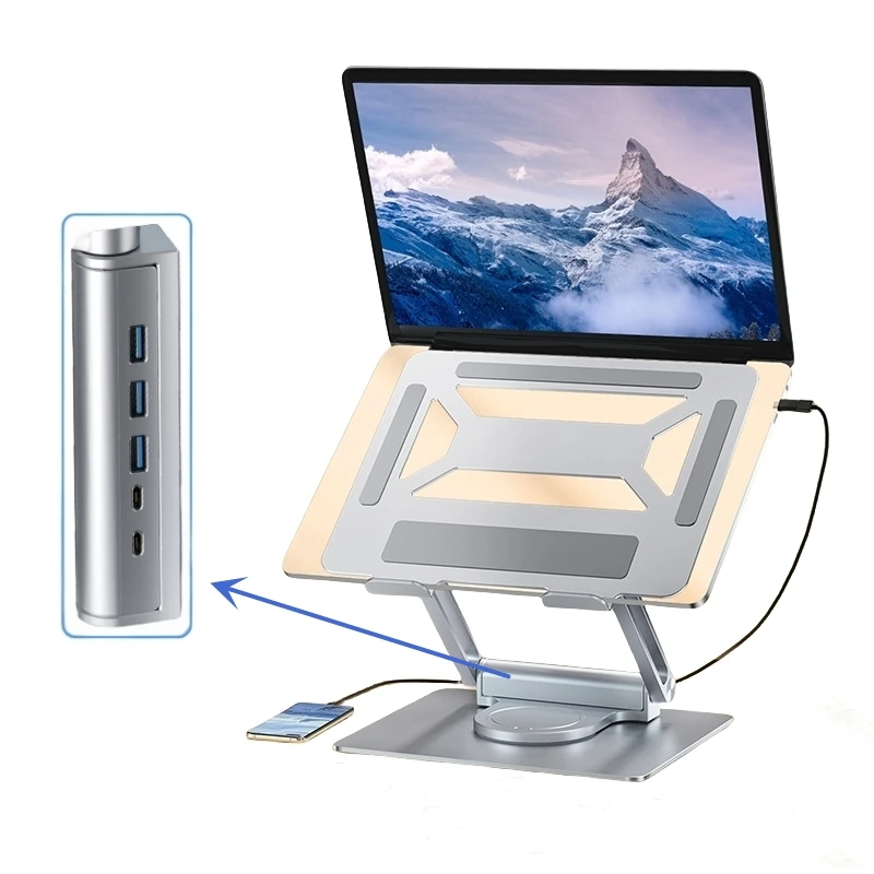 New Aluminium 4 in 1 HUB 360 rotation  laptop stand Holder with type c docking station