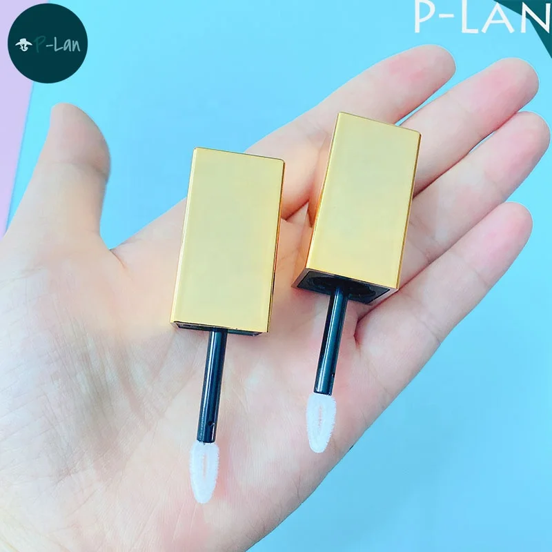 P-Lan Brand Stock 100pcs 5ml Gold Top Frosted Lip Tint Bottle Square Custom Packaging Lip Gloss Tubes With Applicator