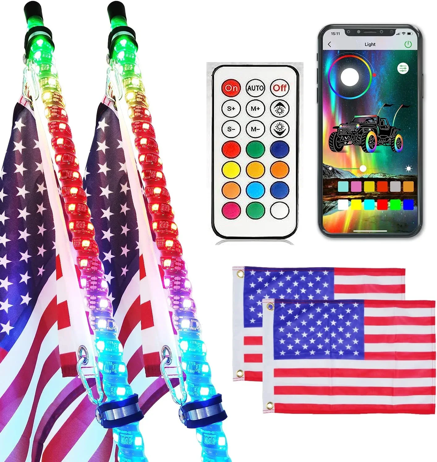 2PCS 2/3/4/5/6FT LED Whip Lights for UTV ATV Spiral RGB Multi-Colors By APP & RF Remote Reverse Brake Turn Signal lights Dynamic