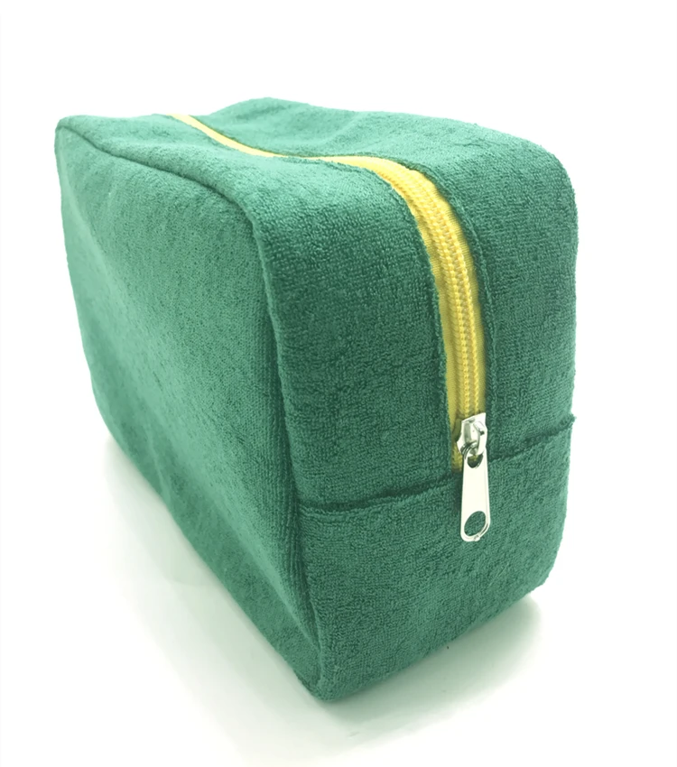  Eco friendly darker green RPET terry cloth makeup bags sustainable towel cosmetic pouch for