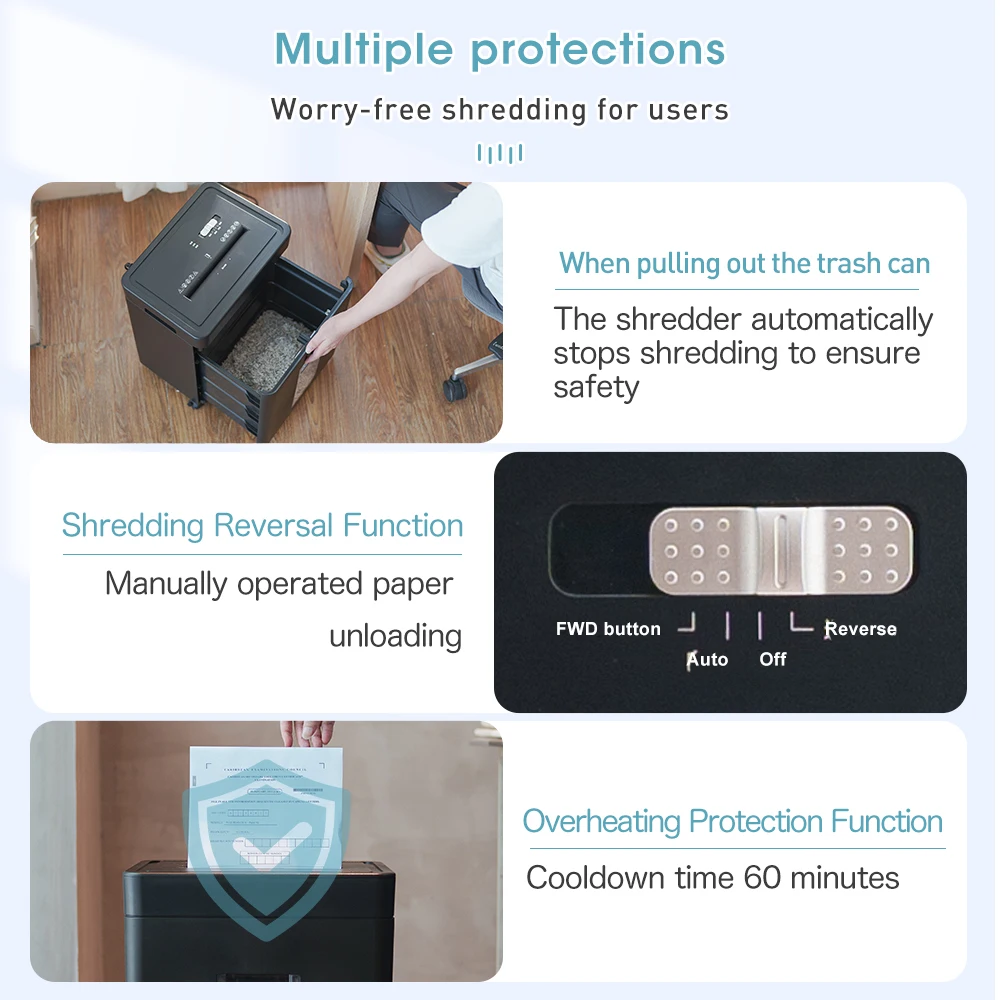 8 Sheets commercial paper shredder Motor 20L High confidentiality level P-5 Manual feed 2*12mm For home office use