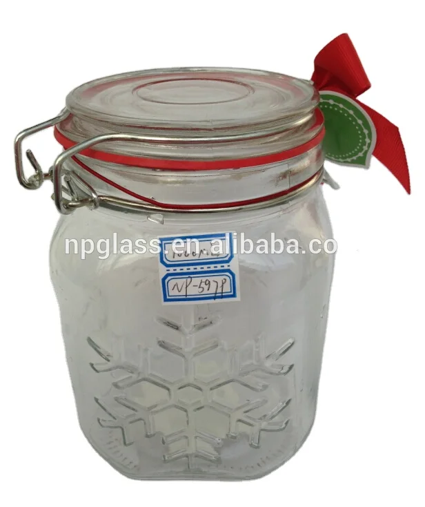 1000ml snowflake glass storage jar with glass lid metal clips