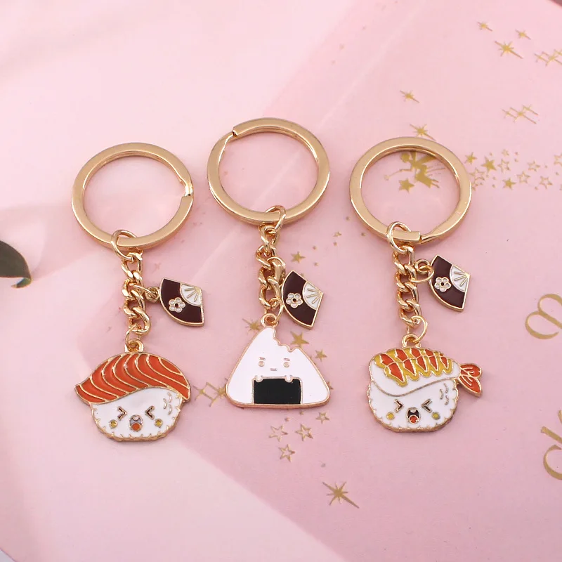 Gold Metal Cute Japanese Cartoon Sushi Salmon Rice Onigiri Keychains Men Women Bag Car Pendant Charm Keyring Couples Gifts