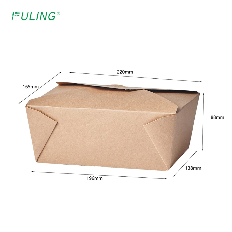 FULING Disposable Take Out Boxes Food Containers Microwavable Kraft Brown Paper To Go Box Grease proof Lunch Box