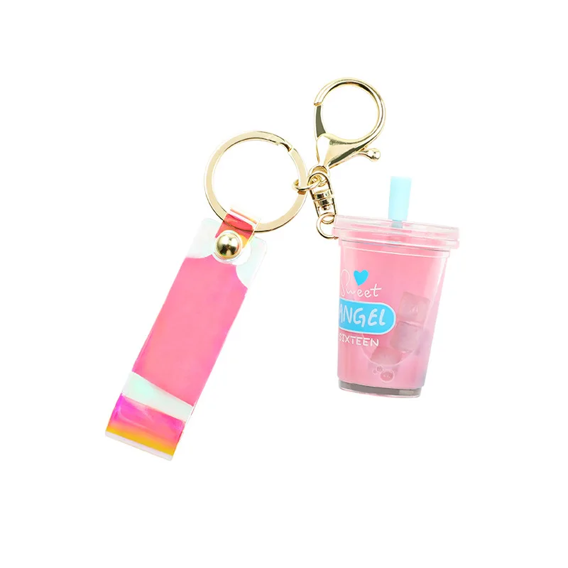Creative Lovely Oil Liquid Pearl Milk Tea Keychain Cartoon Keyring Student Decompression Toy Gift