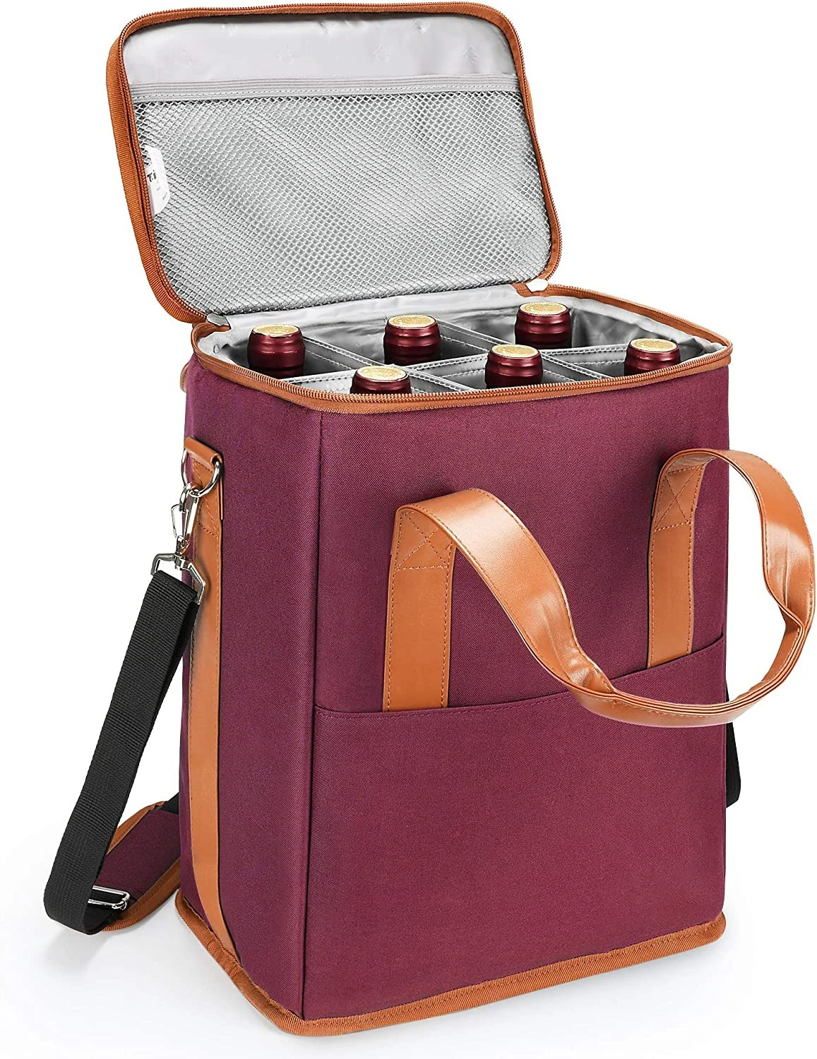 6 Bottle Wine Carrier Insulated & Padded Wine Carrying Cooler Tote Bag with Handle and Adjustable Shoulder Strap for Travel
