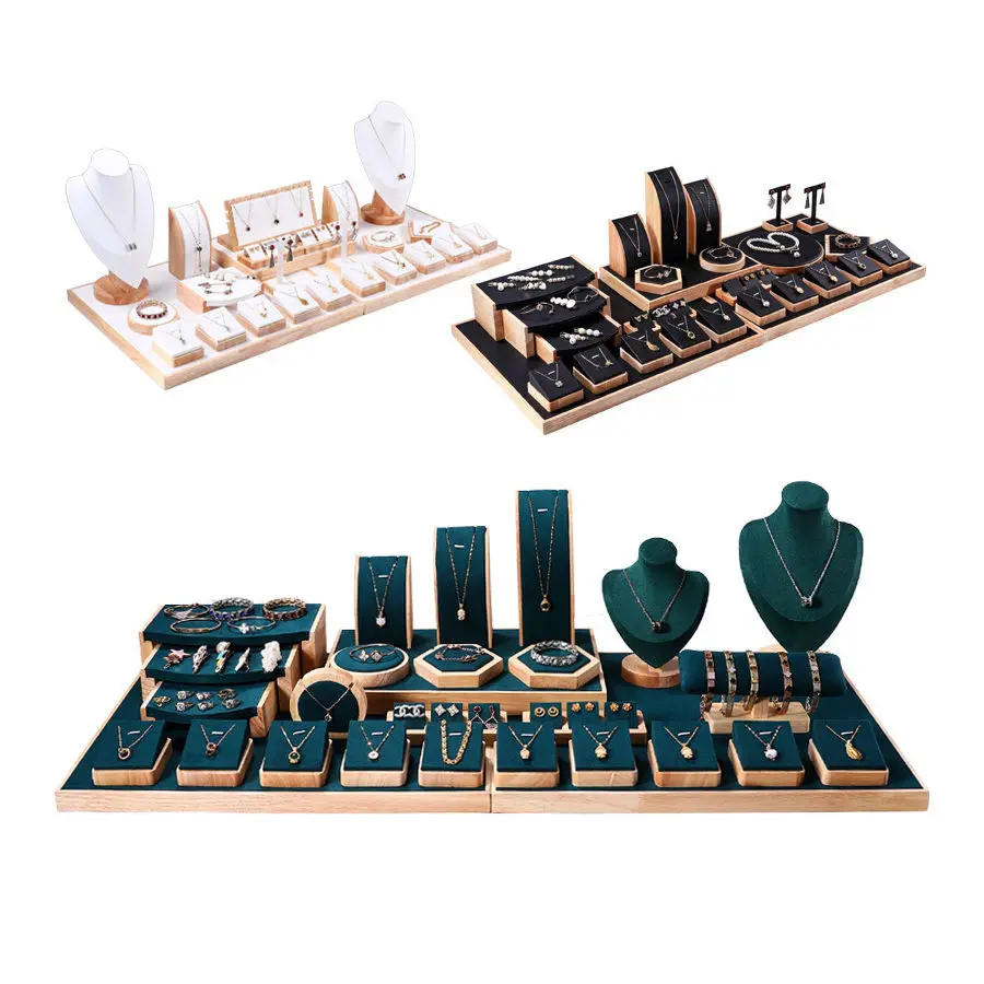Fashion jewelry displays for store luxury jewelry display props custom wooden jewelry stand display set