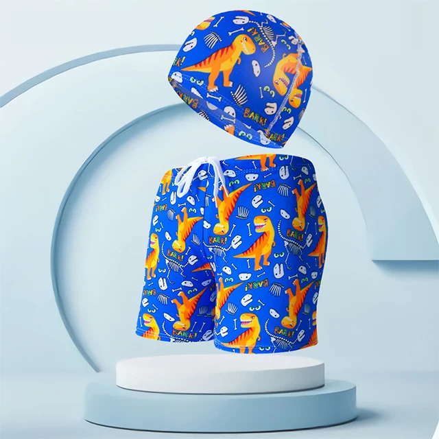 Stylish Flat Corner Beach vacation Hot Spring Summer Kids swim shorts Swim cap Boys cartoon printed swim shorts set