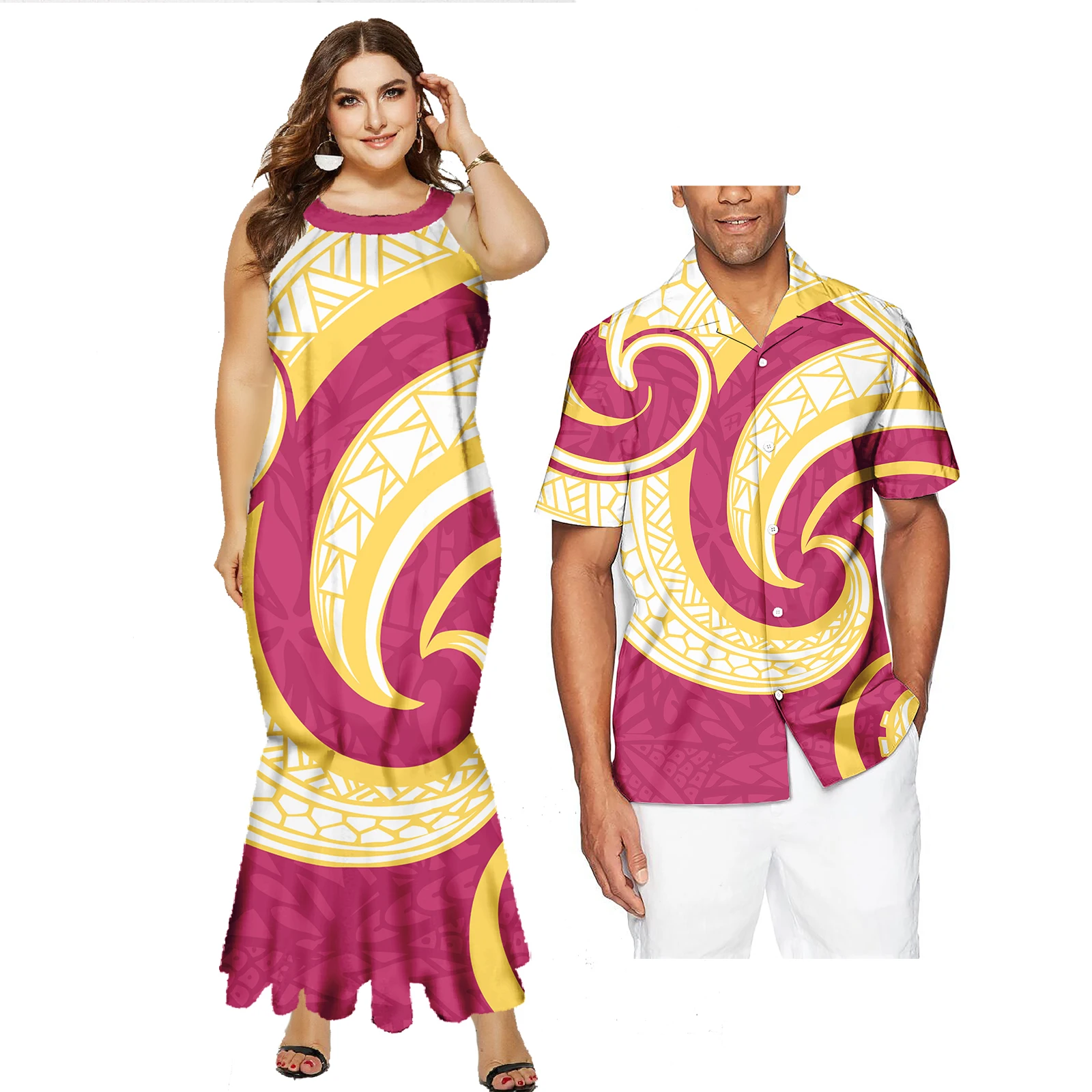 2024 Polynesian Style Couples Matching Outfits Dress Shirts Tribal Print Women Beach Party Maxi Dress And Men Sets