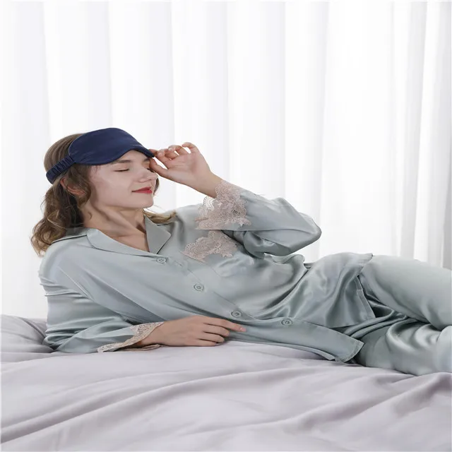 2021 Jili  reusable elegant green 22MM pure mulberry silk eye mask set for sleeping