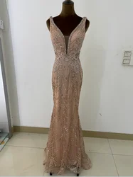 drop shipping low MOQ Floor length jeweled garland motif mermaid gown sweep train deep V prom Dress