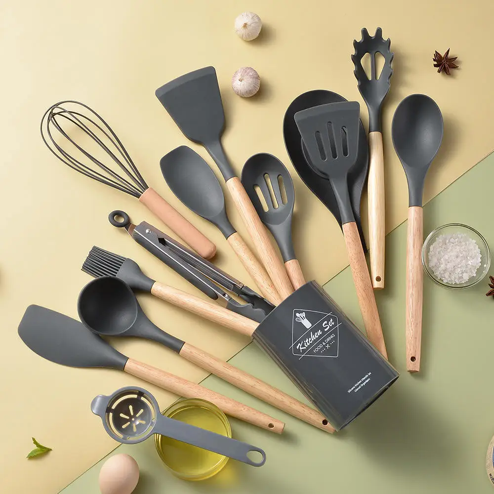 12 14 Sets Wooden Handle Silicone Kitchen Utensils Non-stick Pan Spoon Storage Tongs Spatula Spoon Kitchen for Nonstick Cookware