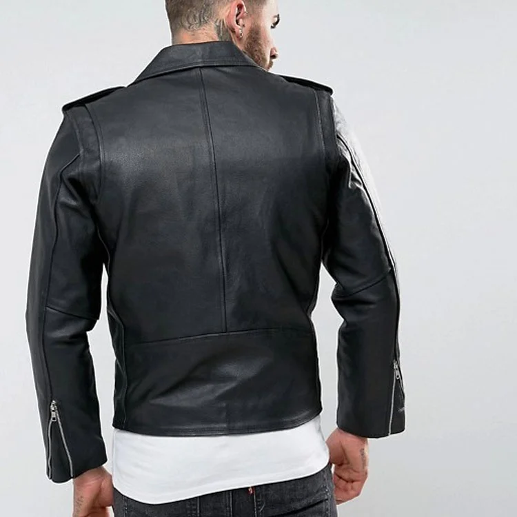 Custom Design Black Vintage Zipper Front Moto Leather Biker Jacket For Men