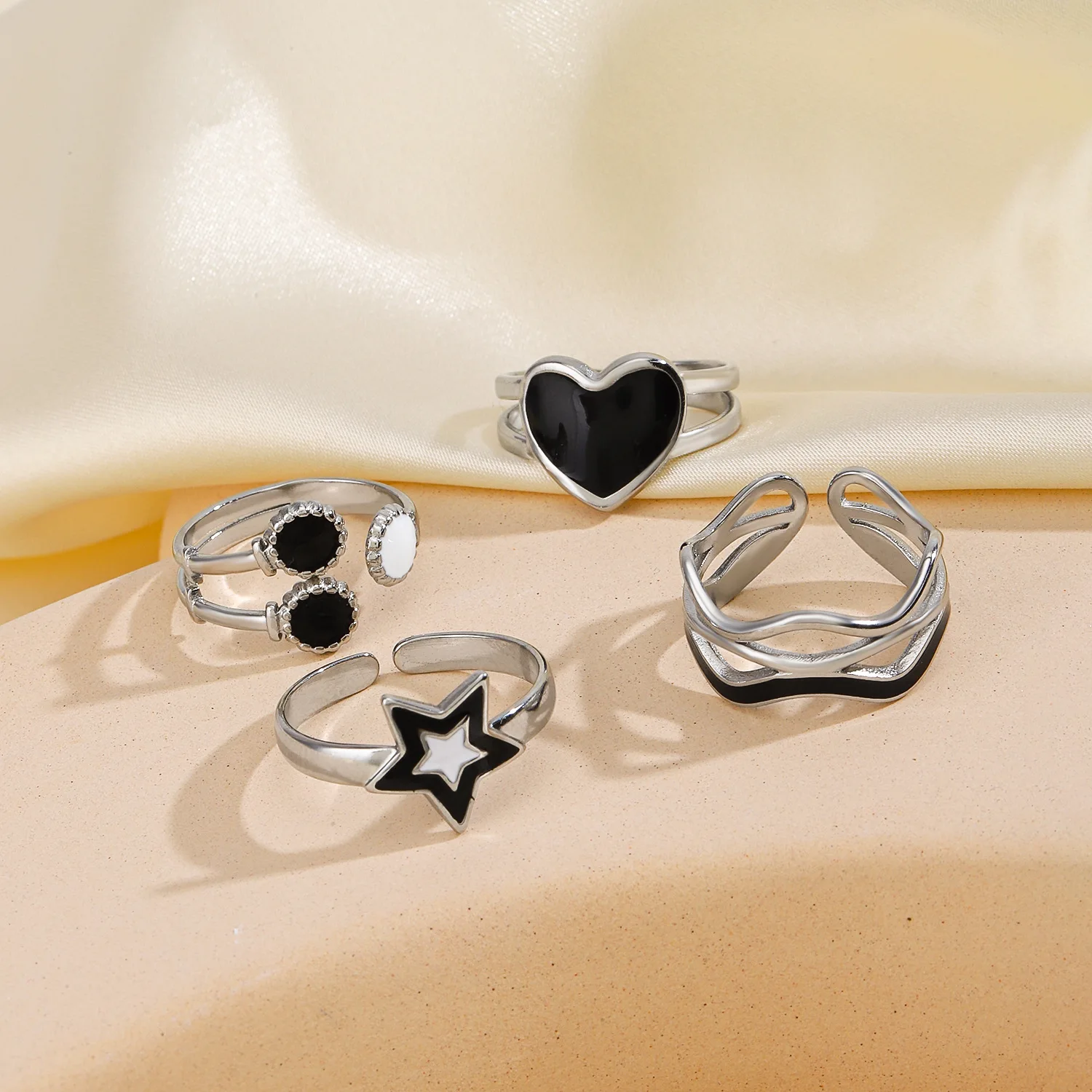 Dainty Geometric Line Adjustable Ring Drop Oil Silver Stainless Steel Double Band Statement Heart Star Enamel Ring
