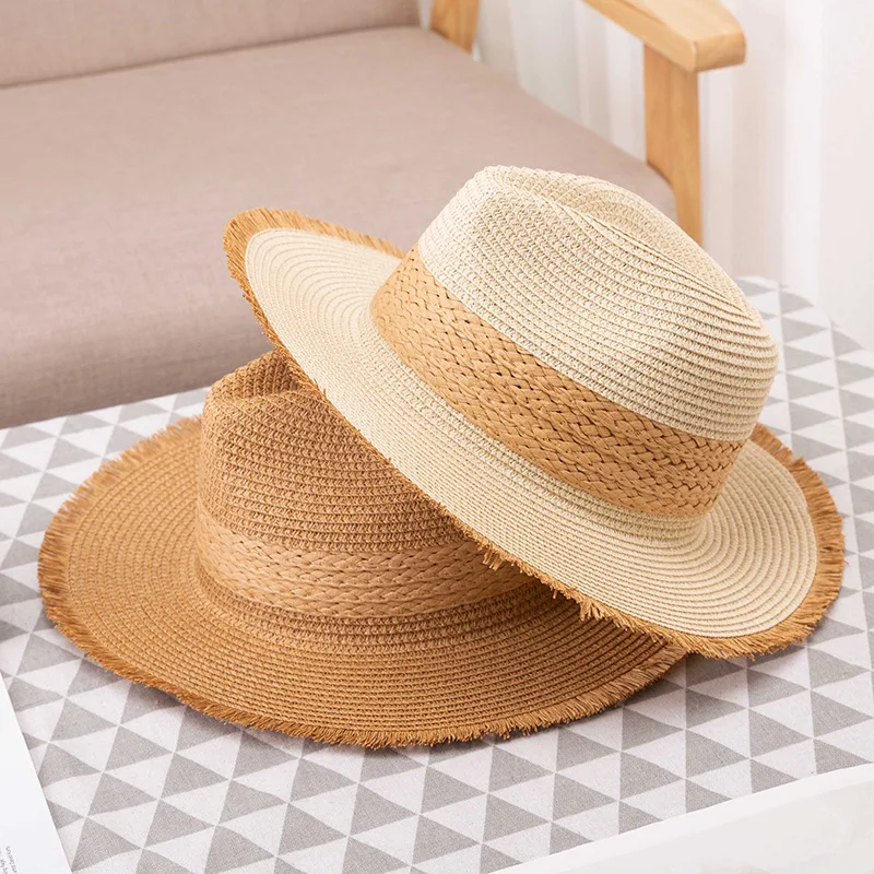 Summer vintage matching color fur border sunblock Korean version ladies wide flat brim hat jazz top hat Bohemian straw hat