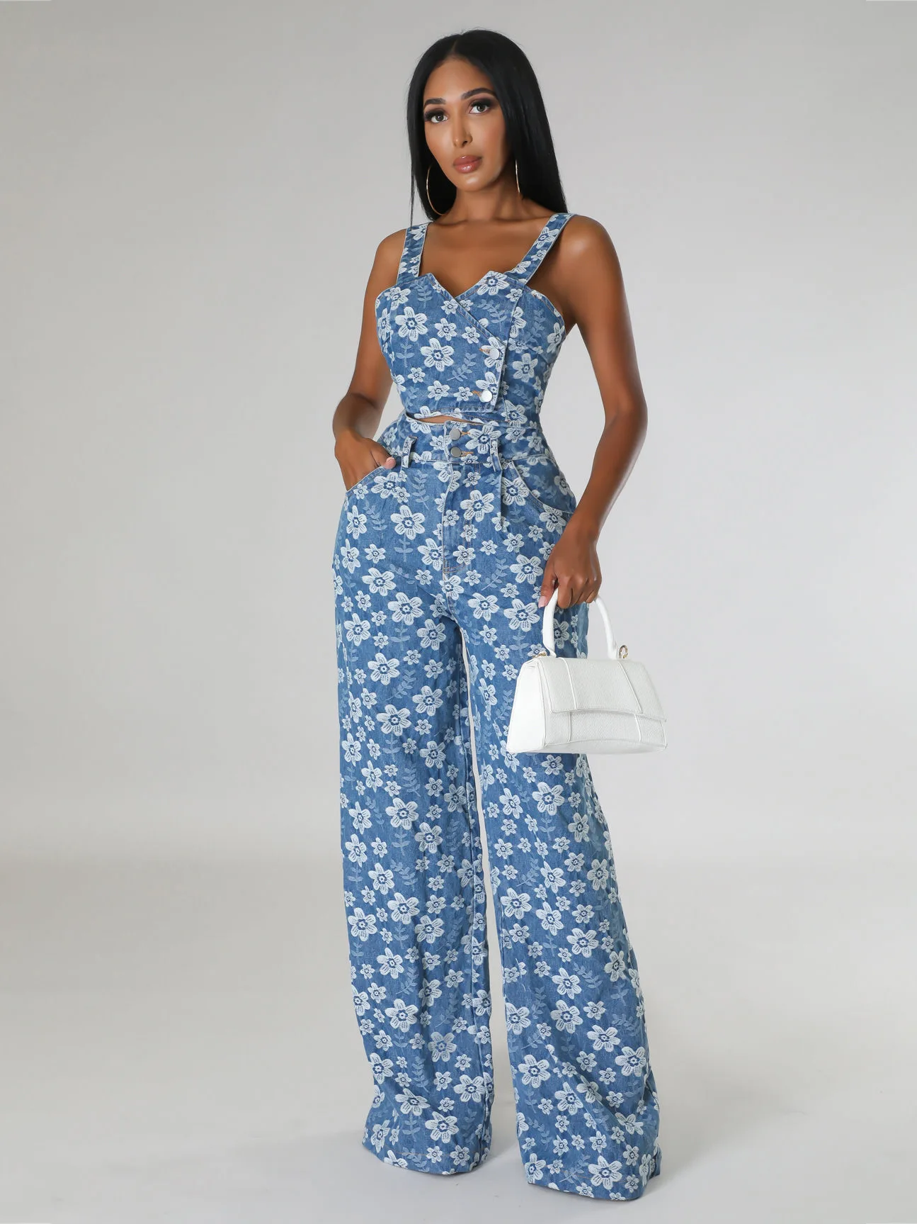 2024 Jacquard Floral Two Piece Sets Women Denim Outfits Fashion Strap Wrap Crop Top And High Waist Wide Leg Jeans Club