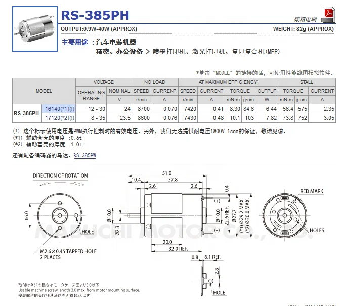 24V DC Motor for Intake Manifold Control Valve RS-385PH-16140 with Permanent Magnet Construction without gear